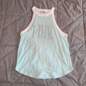 PINK VS haltered light blue tank with holographic